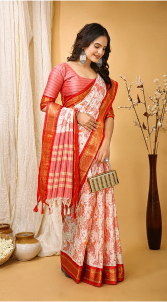 Mayawye Women's Soft Cotton Silk Printed Saree With Unstitched Blouse 5.5Mtr (Red)