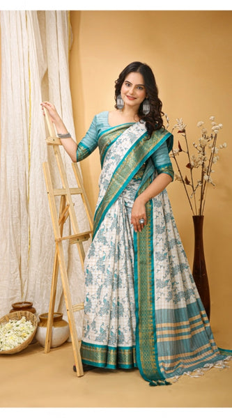 Mayawye Women's Soft Cotton Silk Printed Saree With Unstitched Blouse 5.5Mtr (Turquoise)