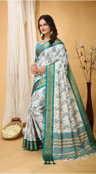 Mayawye Women's Soft Cotton Silk Printed Saree With Unstitched Blouse 5.5Mtr (Turquoise)
