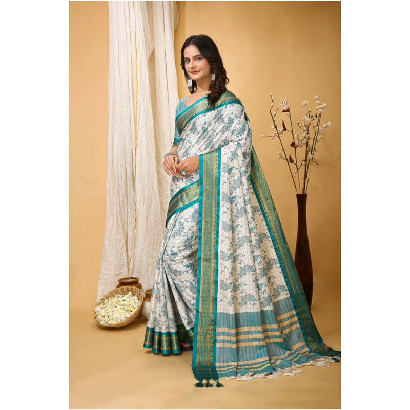 Mayawye Women's Soft Cotton Silk Printed Saree With Unstitched Blouse 5.5Mtr (Turquoise)