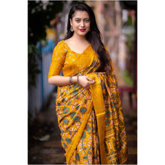 Mayawye Women's Soft Dola Cotton Kalamkari Printed Saree With Unstitched Blouse 5.5Mtr (Yellow)