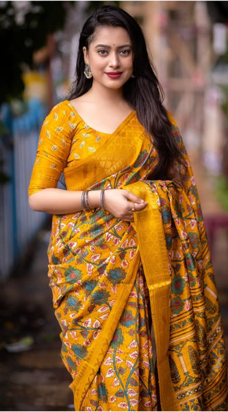 Mayawye Women's Soft Dola Cotton Kalamkari Printed Saree With Unstitched Blouse 5.5Mtr (Yellow)