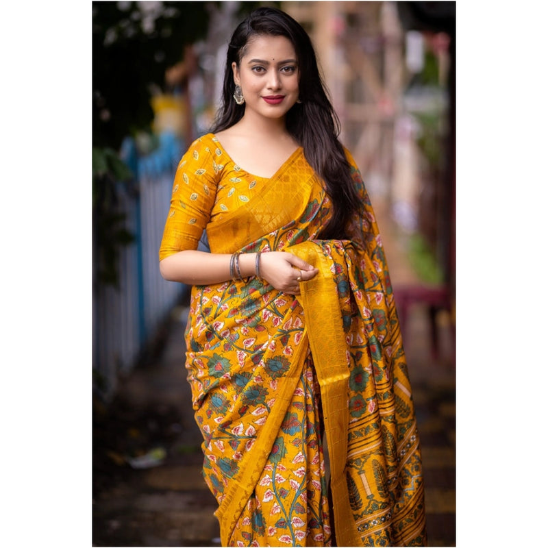 Mayawye Women's Soft Dola Cotton Kalamkari Printed Saree With Unstitched Blouse 5.5Mtr (Yellow)