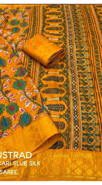 Mayawye Women's Soft Dola Cotton Kalamkari Printed Saree With Unstitched Blouse 5.5Mtr (Yellow)