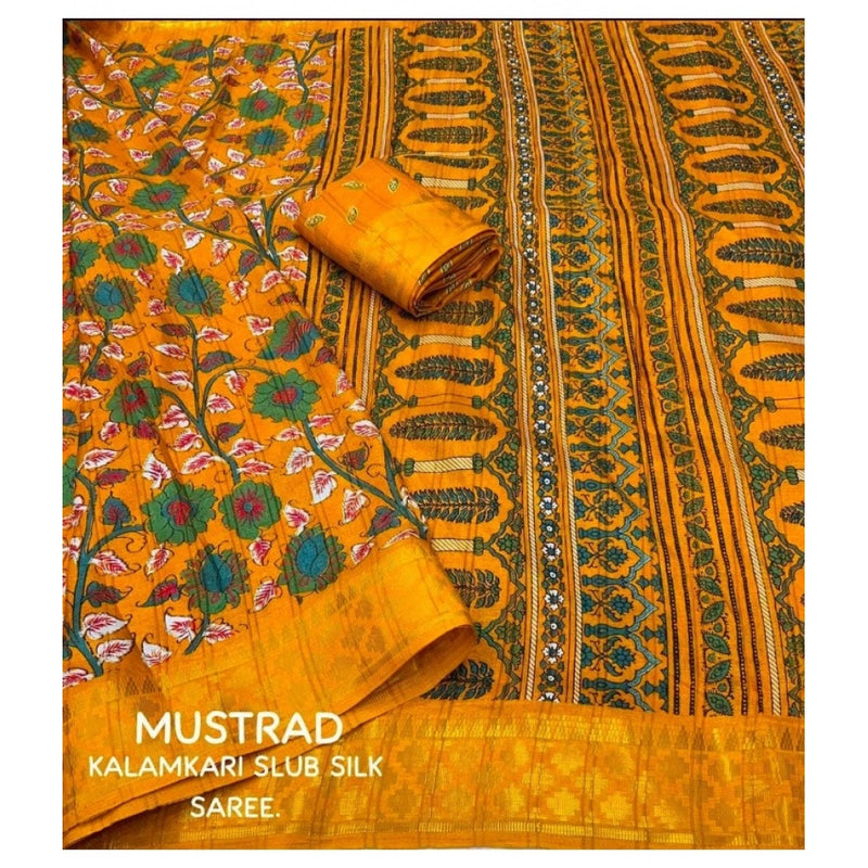Mayawye Women's Soft Dola Cotton Kalamkari Printed Saree With Unstitched Blouse 5.5Mtr (Yellow)