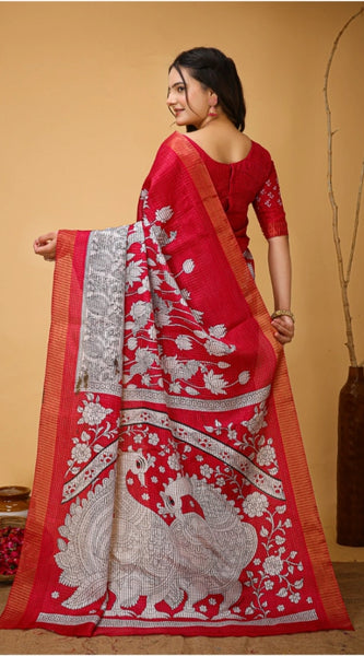 Mayawye Women's Soft Handloom Cotton Kalamkari Printed Saree With Unstitched Blouse 5.5Mtr (Pink)