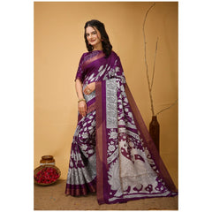 Mayawye Women's Soft Handloom Cotton Kalamkari Printed Saree With Unstitched Blouse 5.5Mtr (Purple)