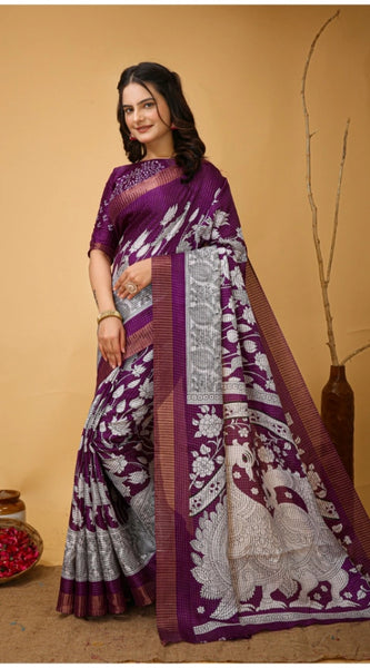 Mayawye Women's Soft Handloom Cotton Kalamkari Printed Saree With Unstitched Blouse 5.5Mtr (Purple)