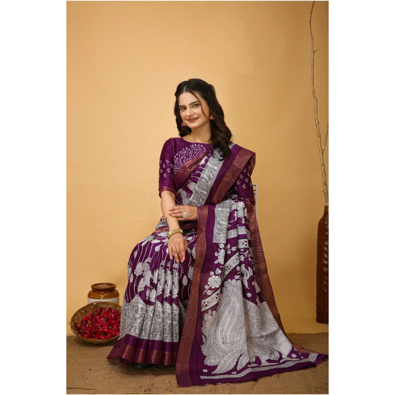Mayawye Women's Soft Handloom Cotton Kalamkari Printed Saree With Unstitched Blouse 5.5Mtr (Purple)