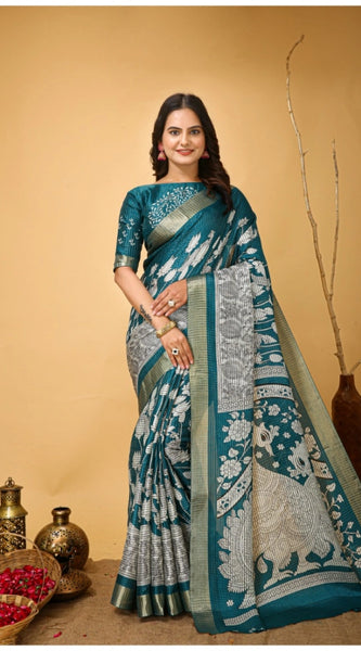 Mayawye Women's Soft Handloom Cotton Kalamkari Printed Saree With Unstitched Blouse 5.5Mtr (Turquoise)