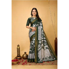 Mayawye Women's Soft Handloom Cotton Kalamkari Printed Saree With Unstitched Blouse 5.5Mtr (Green)