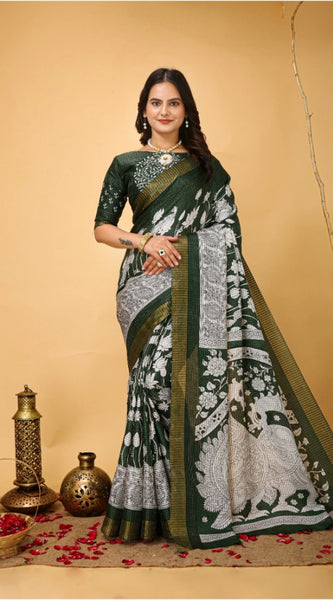 Mayawye Women's Soft Handloom Cotton Kalamkari Printed Saree With Unstitched Blouse 5.5Mtr (Green)
