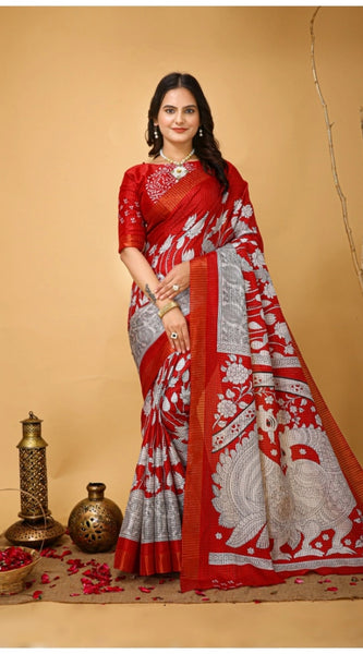Mayawye Women's Soft Handloom Cotton Kalamkari Printed Saree With Unstitched Blouse 5.5Mtr (Red)