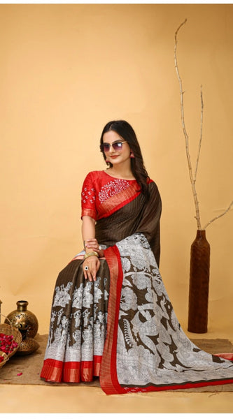 Mayawye Women's Soft Handloom Cotton Kalamkari Printed Saree With Unstitched Blouse 5.5Mtr (Brown)