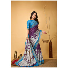 Mayawye Women's Soft Handloom Cotton Kalamkari Printed Saree With Unstitched Blouse 5.5Mtr (Purple)
