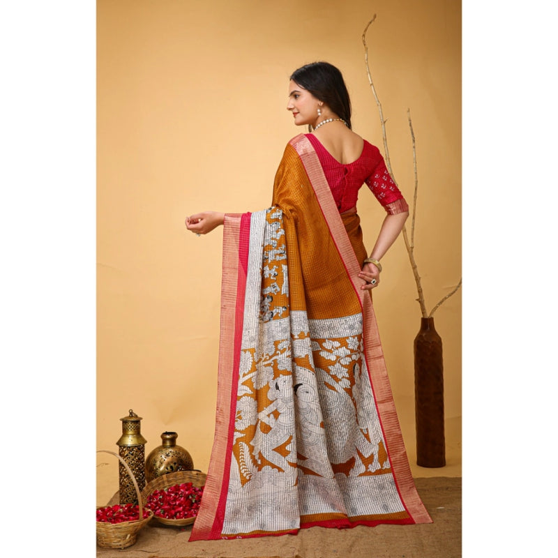 Mayawye Women's Soft Handloom Cotton Kalamkari Printed Saree With Unstitched Blouse 5.5Mtr (Mustard)
