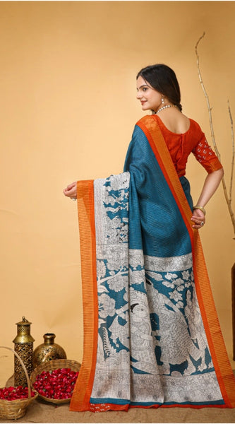 Mayawye Women's Soft Handloom Cotton Kalamkari Printed Saree With Unstitched Blouse 5.5Mtr (Teal Blue)