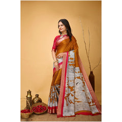 Mayawye Women's Soft Handloom Cotton Kalamkari Printed Saree With Unstitched Blouse 5.5Mtr (Mustard)