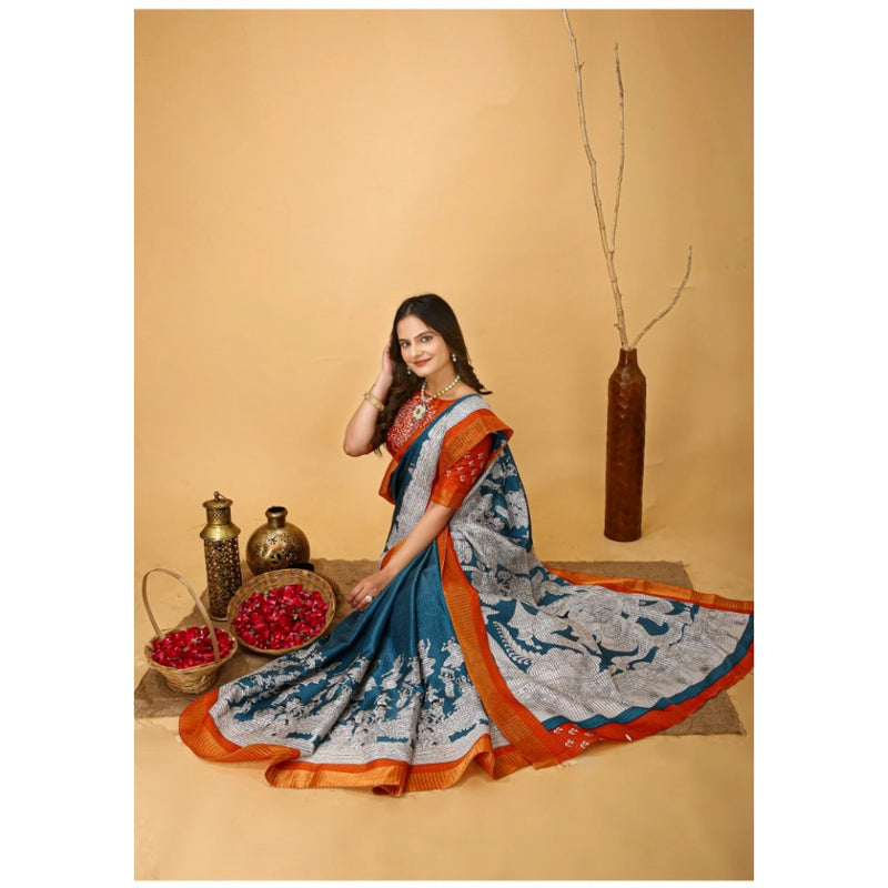 Mayawye Women's Soft Handloom Cotton Kalamkari Printed Saree With Unstitched Blouse 5.5Mtr (Teal Blue)
