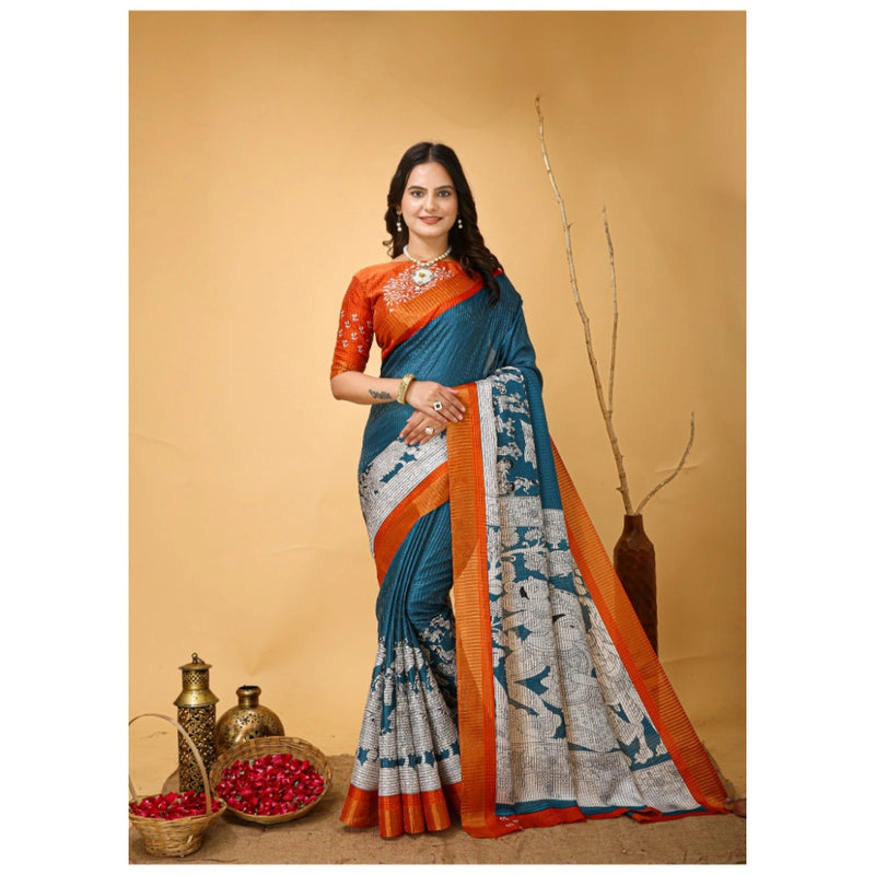 Mayawye Women's Soft Handloom Cotton Kalamkari Printed Saree With Unstitched Blouse 5.5Mtr (Teal Blue)