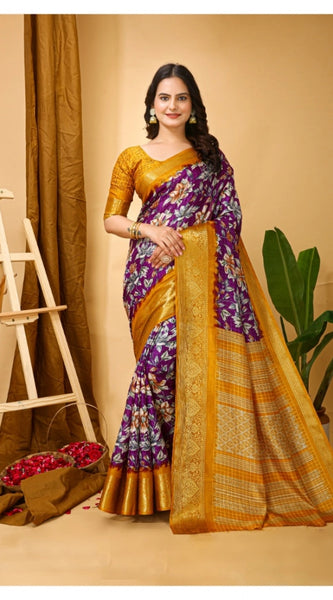 Mayawye Women's Soft Dola Cotton Kalamkari Printed Saree With Unstitched Blouse 5.5Mtr (Purple)