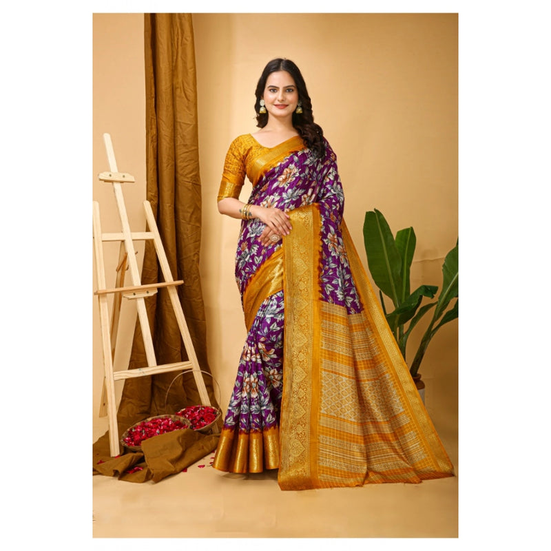 Mayawye Women's Soft Dola Cotton Kalamkari Printed Saree With Unstitched Blouse 5.5Mtr (Purple)