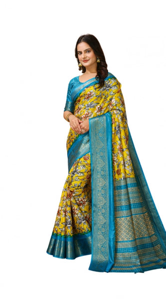 Mayawye Women's Soft Dola Cotton Kalamkari Printed Saree With Unstitched Blouse 5.5Mtr (Yellow)