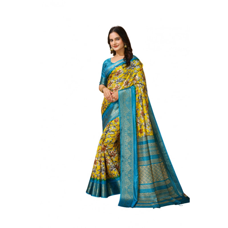 Mayawye Women's Soft Dola Cotton Kalamkari Printed Saree With Unstitched Blouse 5.5Mtr (Yellow)
