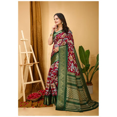 Mayawye Women's Soft Dola Cotton Kalamkari Printed Saree With Unstitched Blouse 5.5Mtr (Maroon)