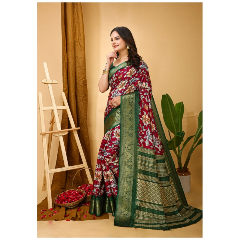 Mayawye Women's Soft Dola Cotton Kalamkari Printed Saree With Unstitched Blouse 5.5Mtr (Maroon)