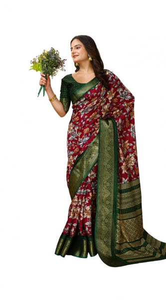 Mayawye Women's Soft Dola Cotton Kalamkari Printed Saree With Unstitched Blouse 5.5Mtr (Maroon)