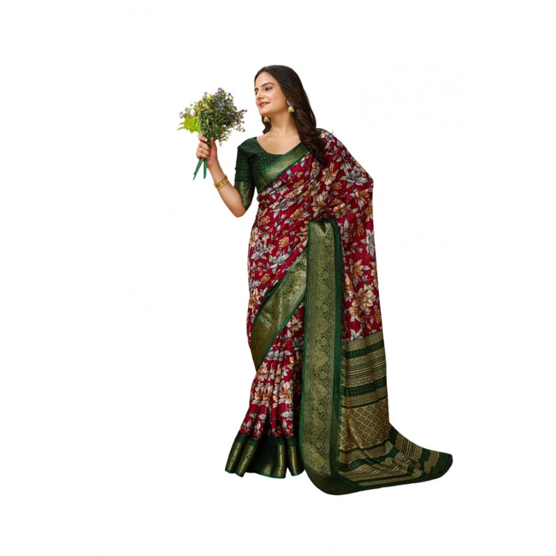 Mayawye Women's Soft Dola Cotton Kalamkari Printed Saree With Unstitched Blouse 5.5Mtr (Maroon)