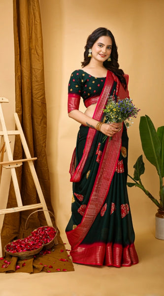 Mayawye Women's Soft Blooming Marshmallow Fabric Kalamkari Printed Saree With Unstitched Blouse 5.5Mtr (Green)