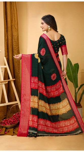 Mayawye Women's Soft Blooming Marshmallow Fabric Kalamkari Printed Saree With Unstitched Blouse 5.5Mtr (Green)