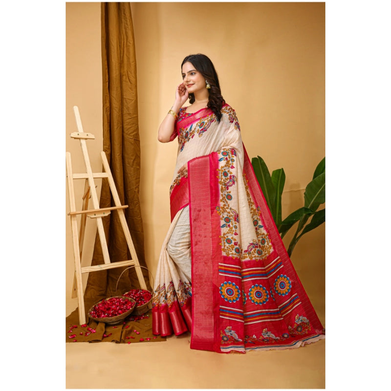 Mayawye Women's Soft Dola Cotton Kalamkari Printed Saree With Unstitched Blouse 5.5Mtr (Red)