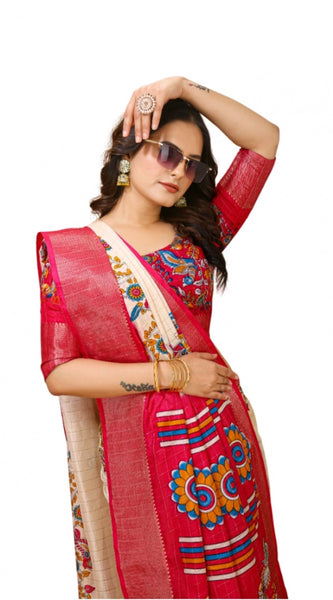 Mayawye Women's Soft Dola Cotton Kalamkari Printed Saree With Unstitched Blouse 5.5Mtr (Red)
