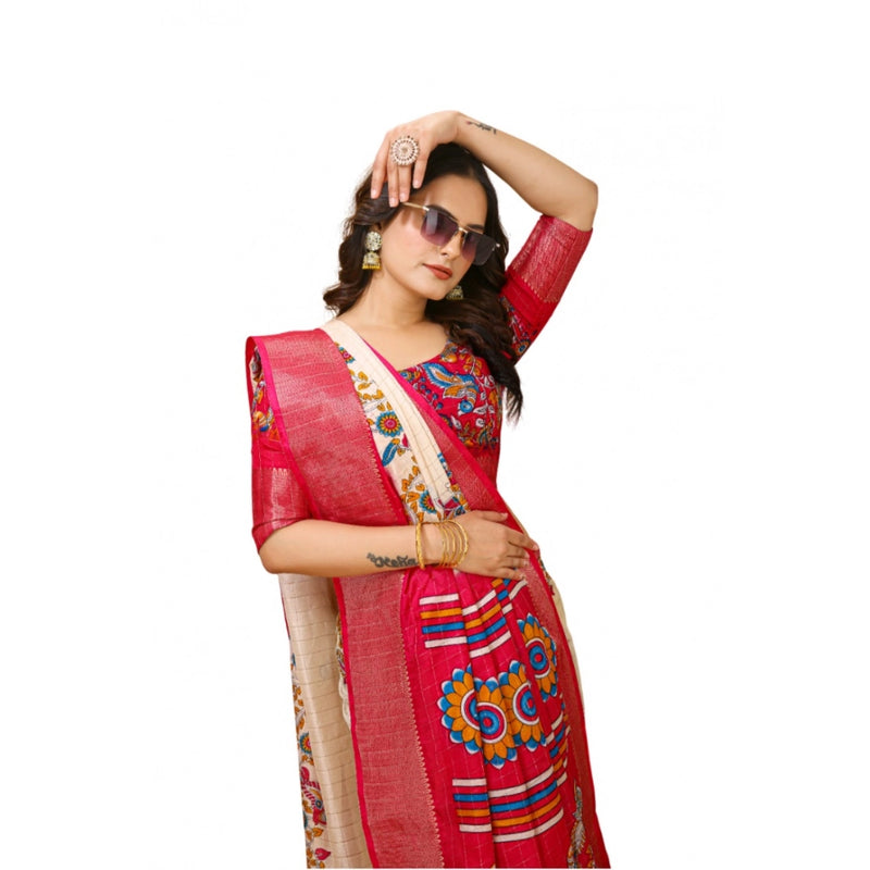 Mayawye Women's Soft Dola Cotton Kalamkari Printed Saree With Unstitched Blouse 5.5Mtr (Red)