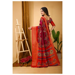 Mayawye Women's Soft Dola Cotton Kalamkari Printed Saree With Unstitched Blouse 5.5Mtr (Maroon)