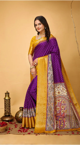Mayawye Women's Soft Dola Cotton Kalamkari Printed Saree With Unstitched Blouse 5.5Mtr (Purple)