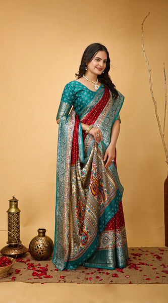 Mayawye Women's Soft Dola Cotton Kalamkari Printed Saree With Unstitched Blouse 5.5Mtr (Red)