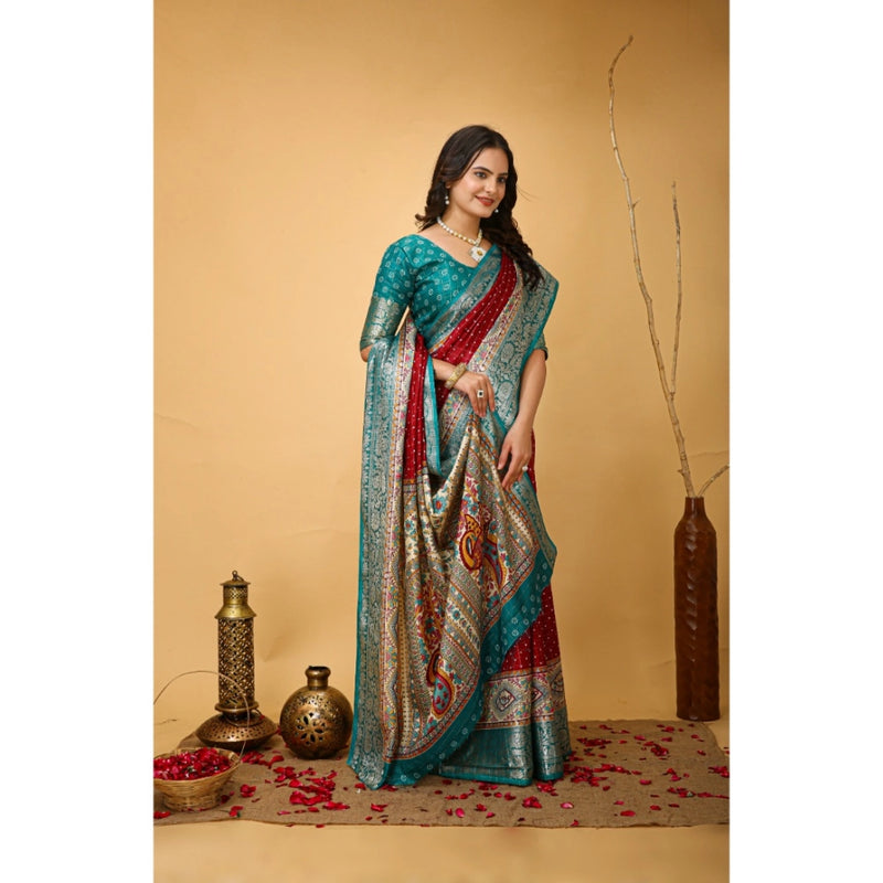 Mayawye Women's Soft Dola Cotton Kalamkari Printed Saree With Unstitched Blouse 5.5Mtr (Red)