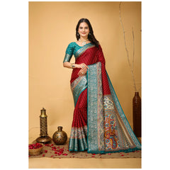 Mayawye Women's Soft Dola Cotton Kalamkari Printed Saree With Unstitched Blouse 5.5Mtr (Red)