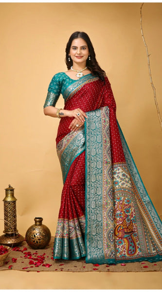 Mayawye Women's Soft Dola Cotton Kalamkari Printed Saree With Unstitched Blouse 5.5Mtr (Red)