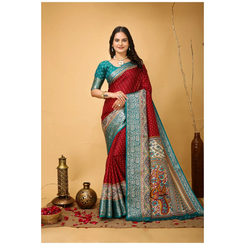 Mayawye Women's Soft Dola Cotton Kalamkari Printed Saree With Unstitched Blouse 5.5Mtr (Red)