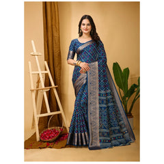 Mayawye Women's Soft Dola Cotton Kalamkari Printed Saree With Unstitched Blouse 5.5Mtr (Blue)