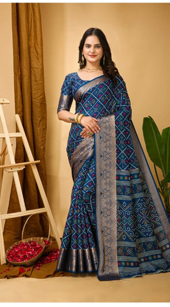 Mayawye Women's Soft Dola Cotton Kalamkari Printed Saree With Unstitched Blouse 5.5Mtr (Blue)