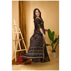Mayawye Women's Soft Dola Cotton Kalamkari Printed Saree With Unstitched Blouse 5.5Mtr (Black)
