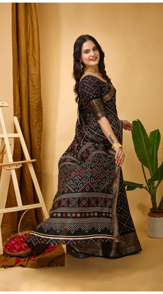 Mayawye Women's Soft Dola Cotton Kalamkari Printed Saree With Unstitched Blouse 5.5Mtr (Black)