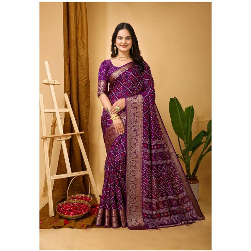 Mayawye Women's Soft Dola Cotton Kalamkari Printed Saree With Unstitched Blouse 5.5Mtr (Purple)