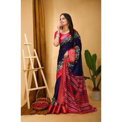 Mayawye Women's Soft Dola Cotton Kalamkari Printed Saree With Unstitched Blouse 5.5Mtr (Navy Blue)